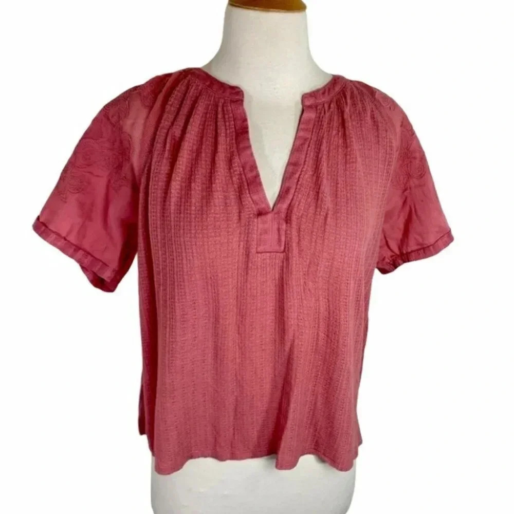 Lucky Brand Top S Pink Embroidered Short Sleeve Split V-Neck Boho Peasant Blouse